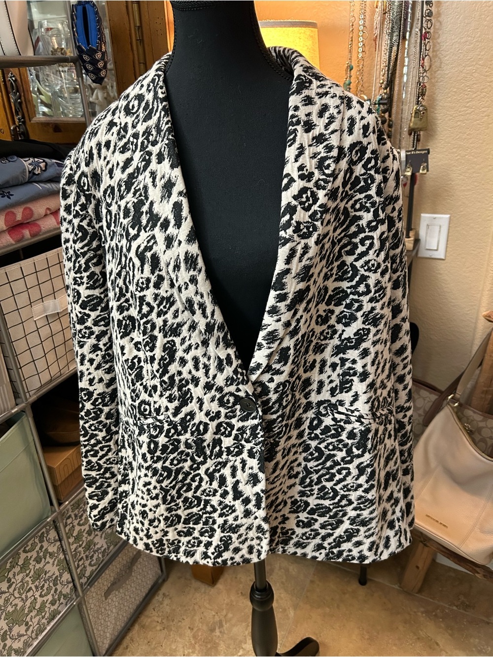 Vince Camuto Black and White Leopard Print Open Blazer